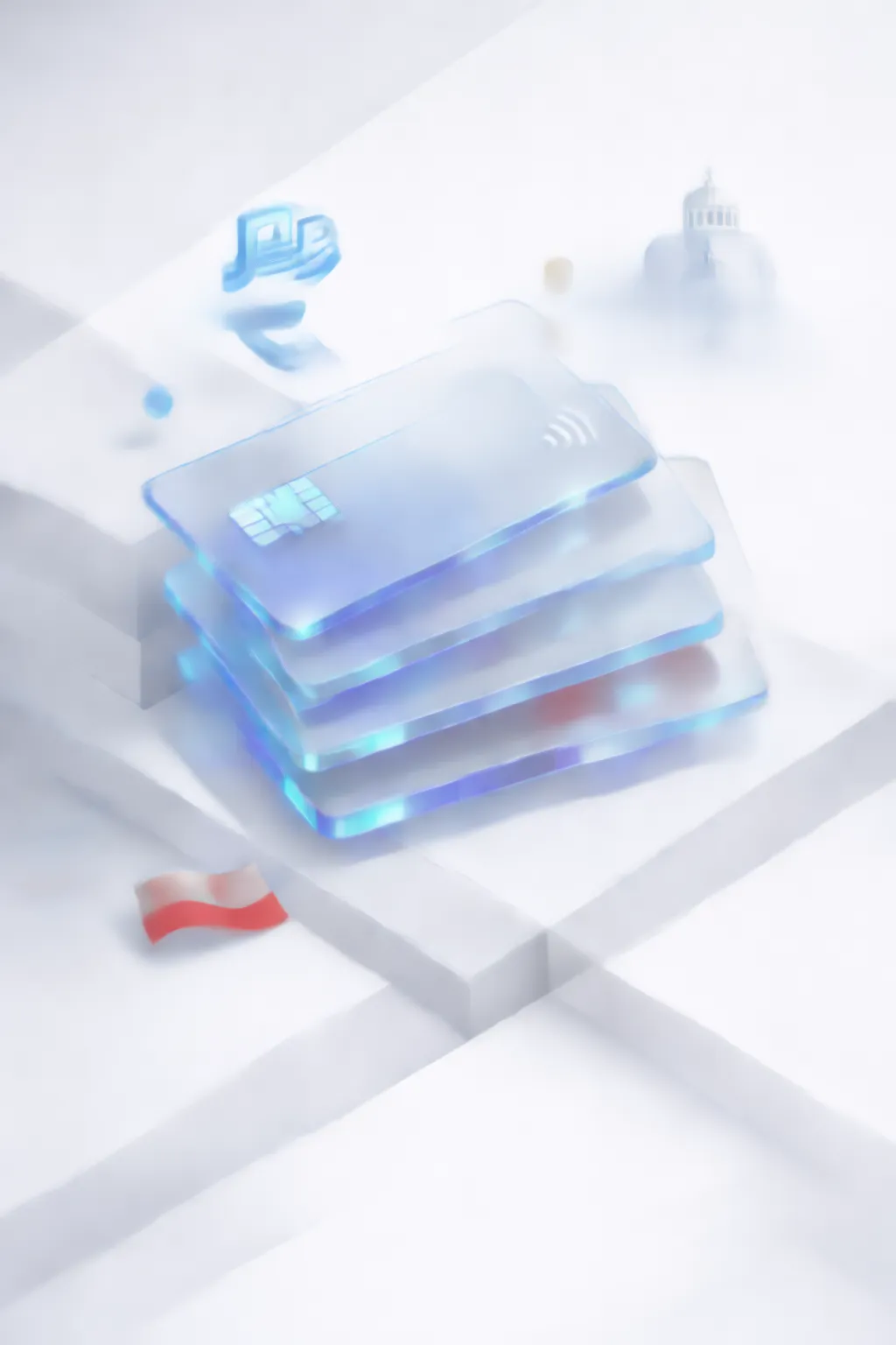 Stacked glass payment cards with a euro symbol, castle silhouette, and Slovak flag
