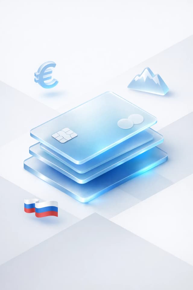 Stacked glass payment cards with a euro symbol, alpine mountain silhouette, and Slovenian flag