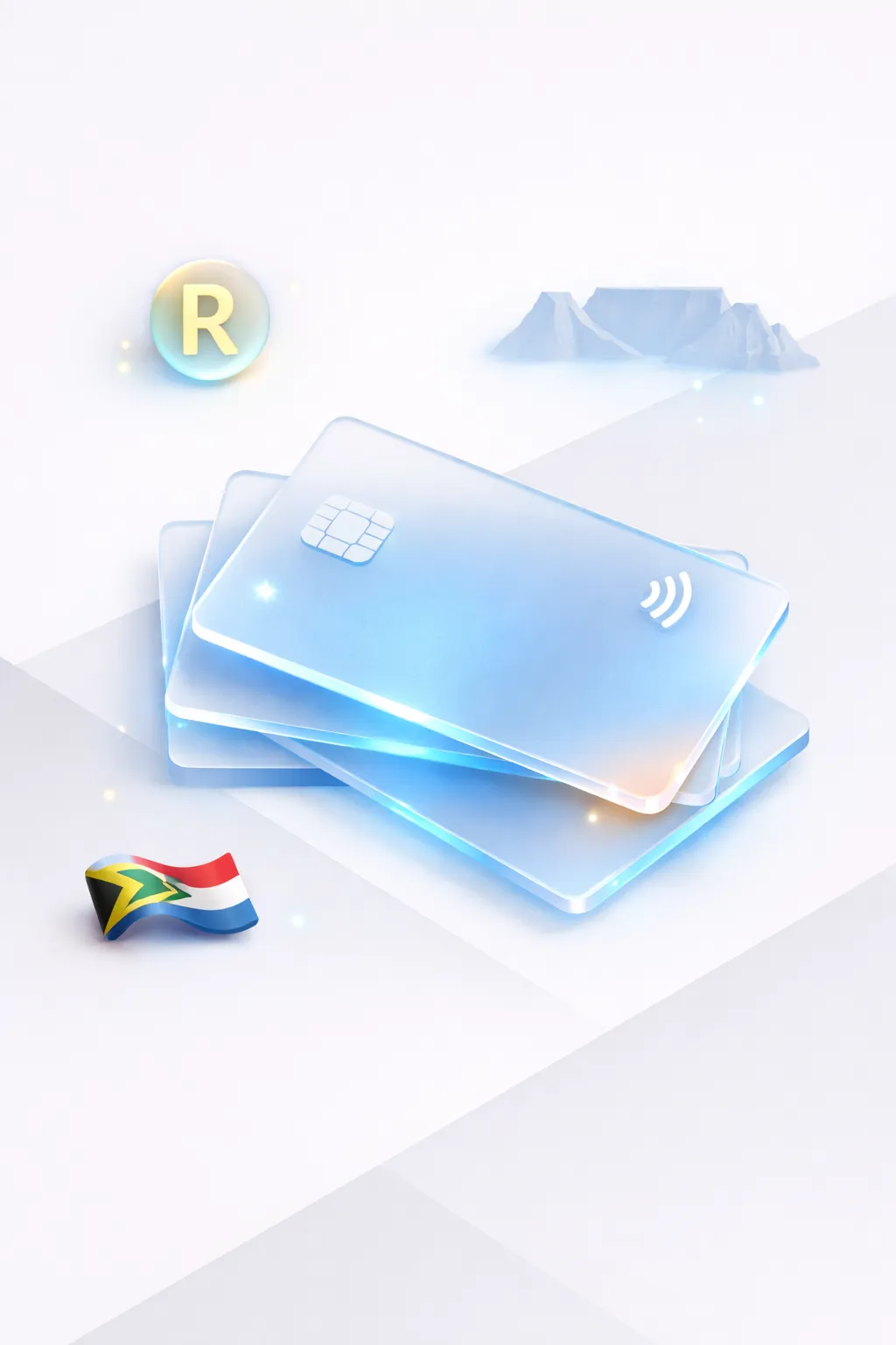 Stacked glass payment cards with a rand symbol, Table Mountain silhouette, and South African flag