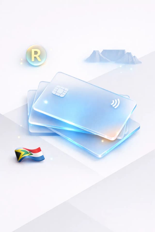Stacked glass payment cards with a rand symbol, Table Mountain silhouette, and South African flag