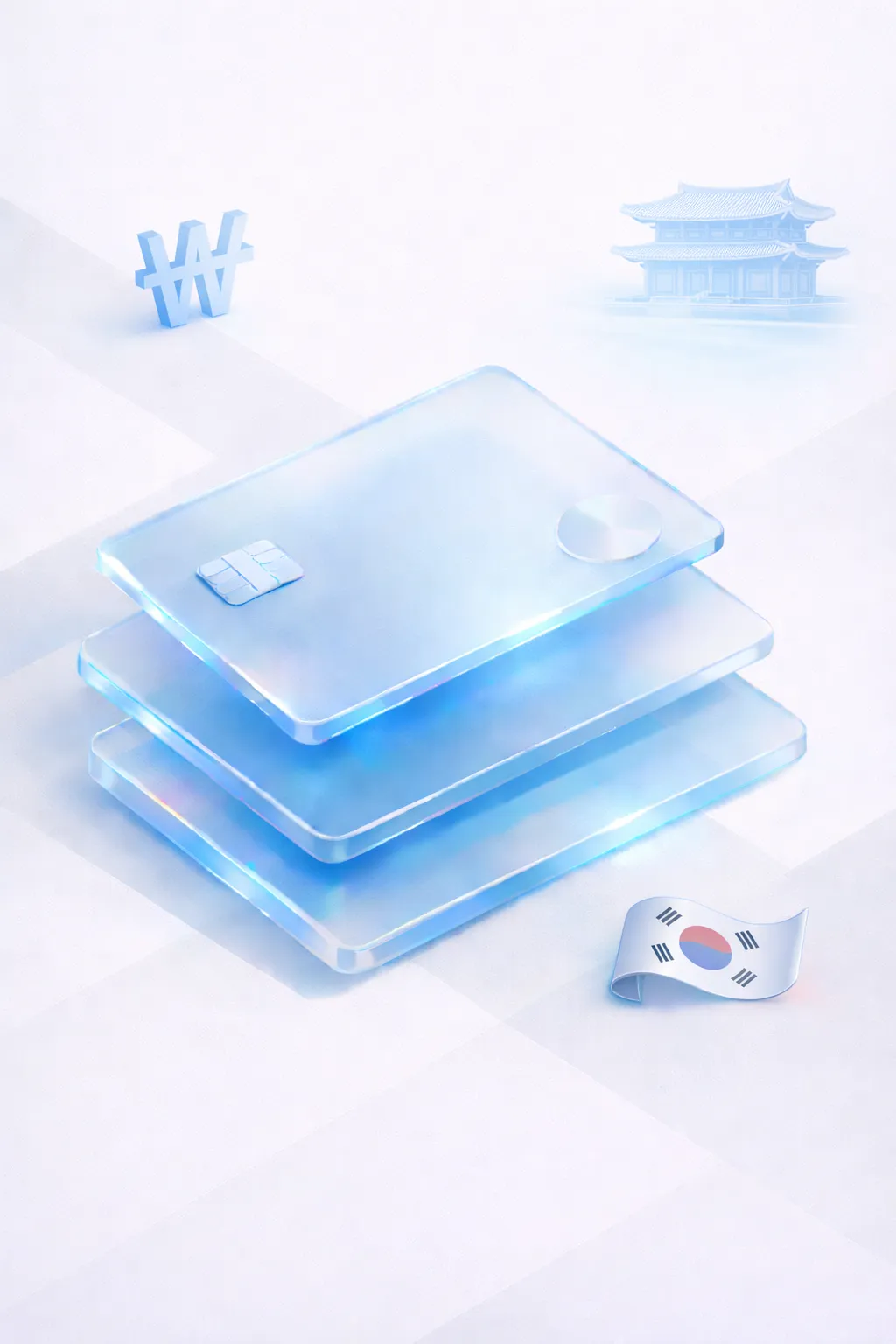 Stacked glass payment cards with a won symbol, traditional temple silhouette, and Korean flag