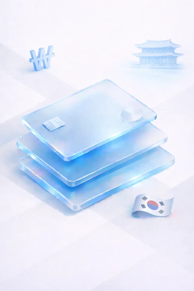 Stacked glass payment cards with a won symbol, traditional temple silhouette, and Korean flag