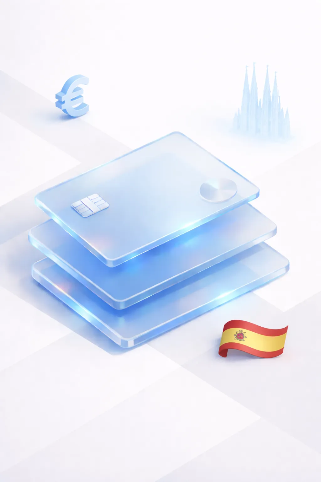 Stacked glass payment cards with a euro symbol, Sagrada Familia silhouette, and Spanish flag