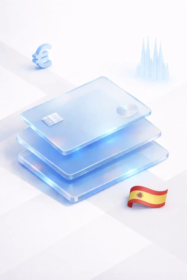 Stacked glass payment cards with a euro symbol, Sagrada Familia silhouette, and Spanish flag