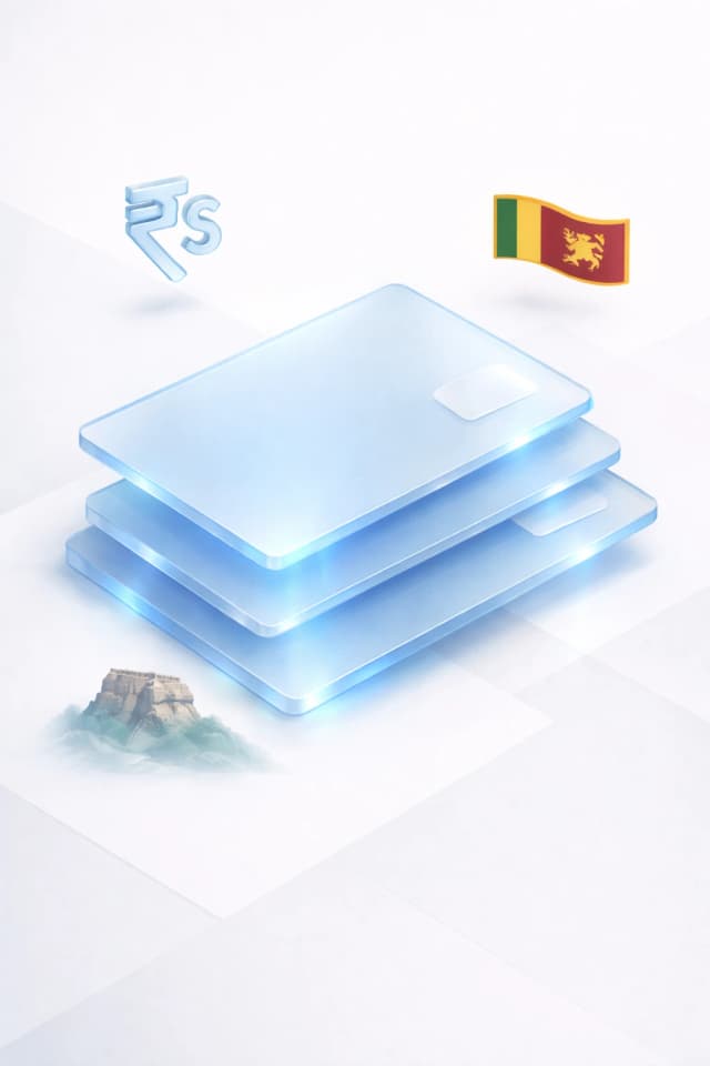 Stacked glass payment cards with a rupee symbol, rock fortress silhouette, and Sri Lankan flag