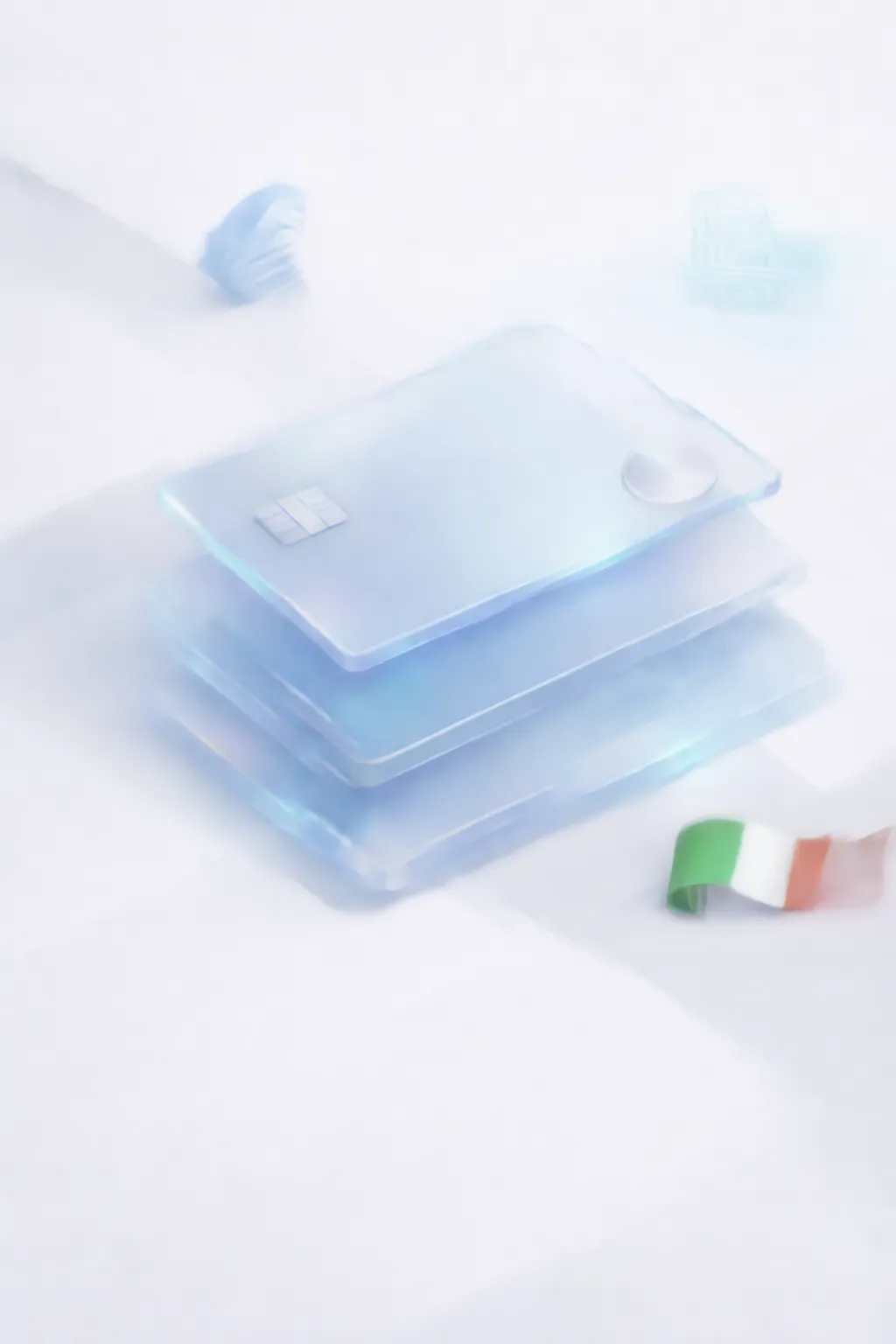 Stacked glass payment cards with a kr symbol, northern lights aurora, and Swedish flag