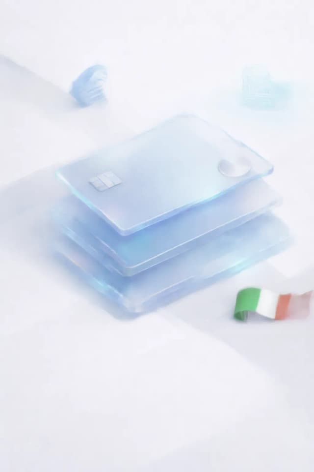 Stacked glass payment cards with a kr symbol, northern lights aurora, and Swedish flag