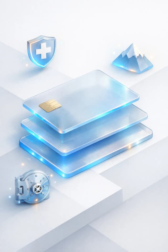 Stacked glass payment cards with a Swiss cross shield, alpine mountain peak, and bank vault