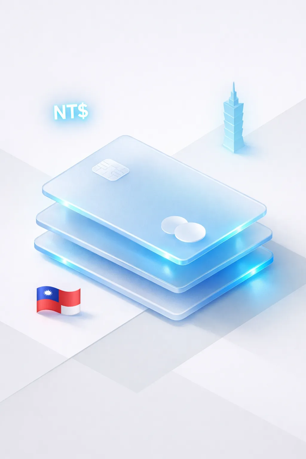 Stacked glass payment cards with an NT$ symbol, Taipei 101 silhouette, and Taiwanese flag