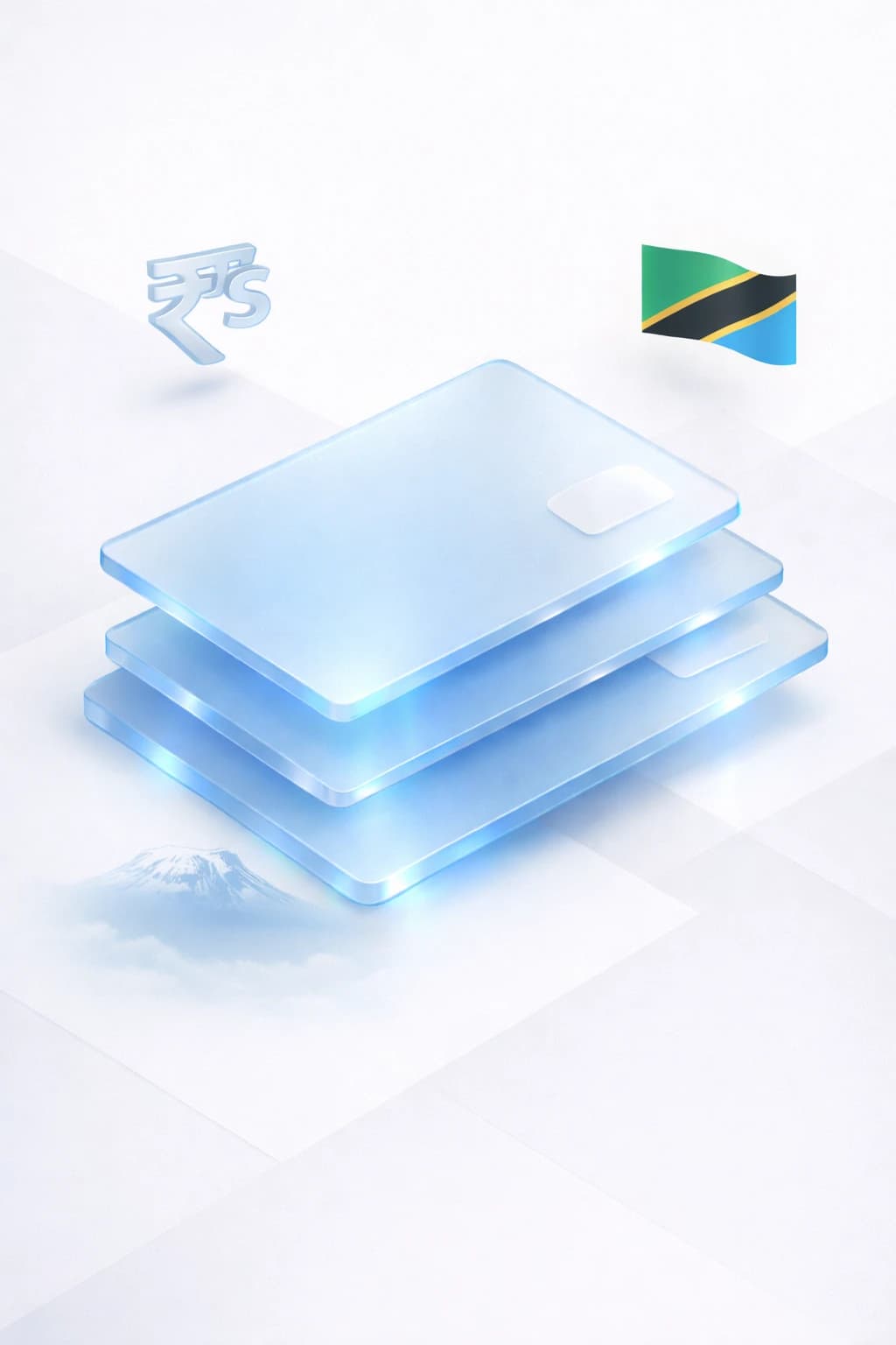 Stacked glass payment cards with a shilling symbol, Kilimanjaro silhouette, and Tanzanian flag
