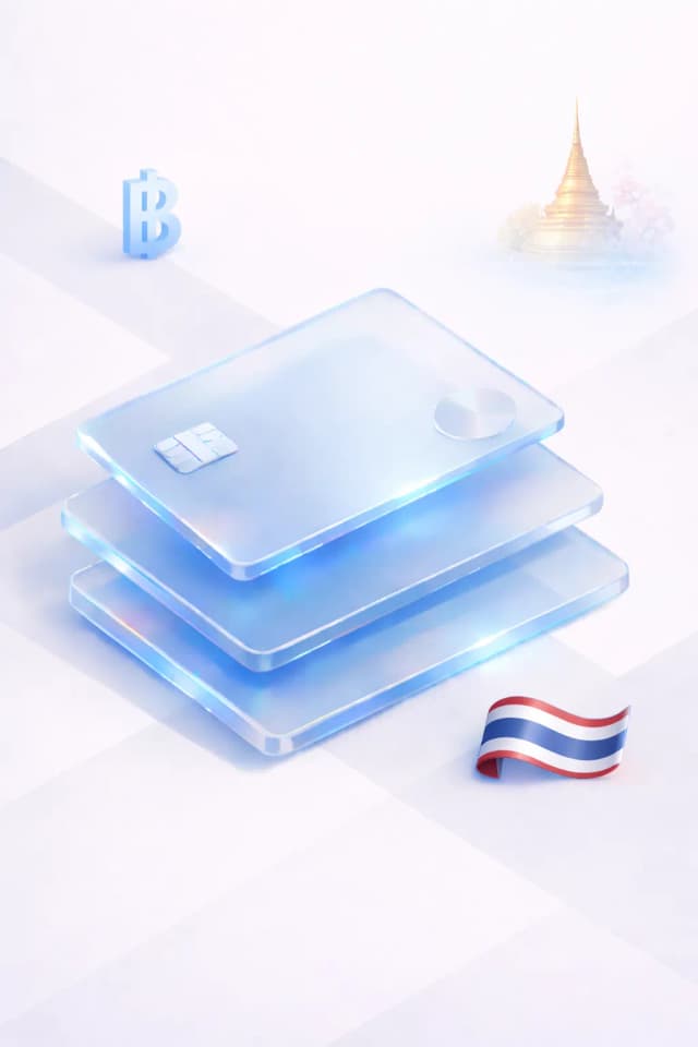 Stacked glass payment cards with a baht symbol, temple spire silhouette, and Thai flag