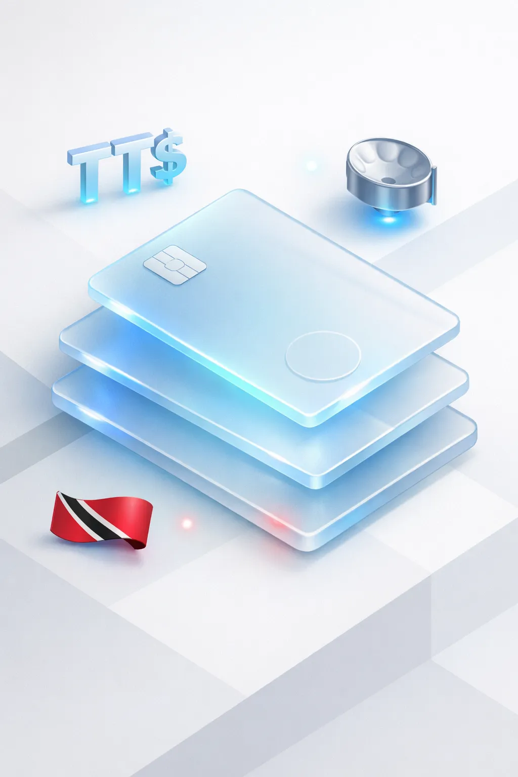 Stacked glass payment cards with a TT$ symbol, steelpan drum, and Trinidad flag
