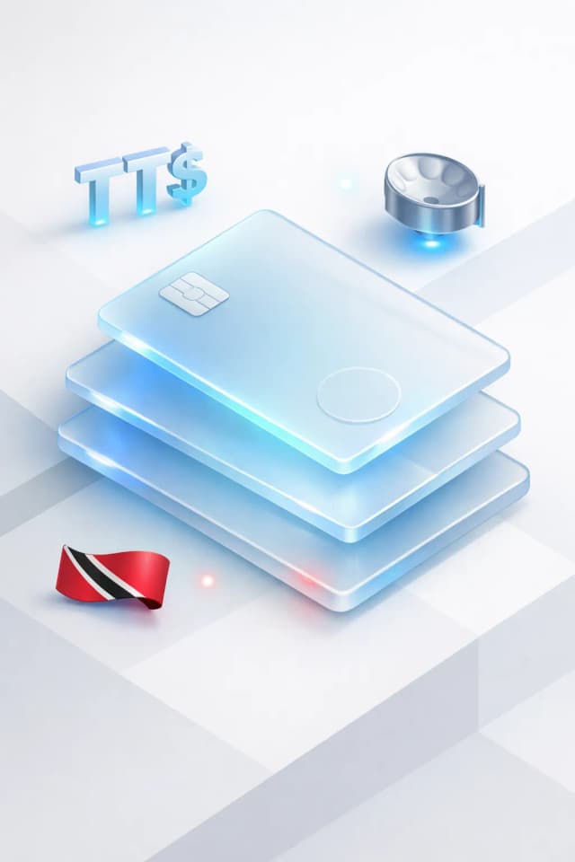 Stacked glass payment cards with a TT$ symbol, steelpan drum, and Trinidad flag