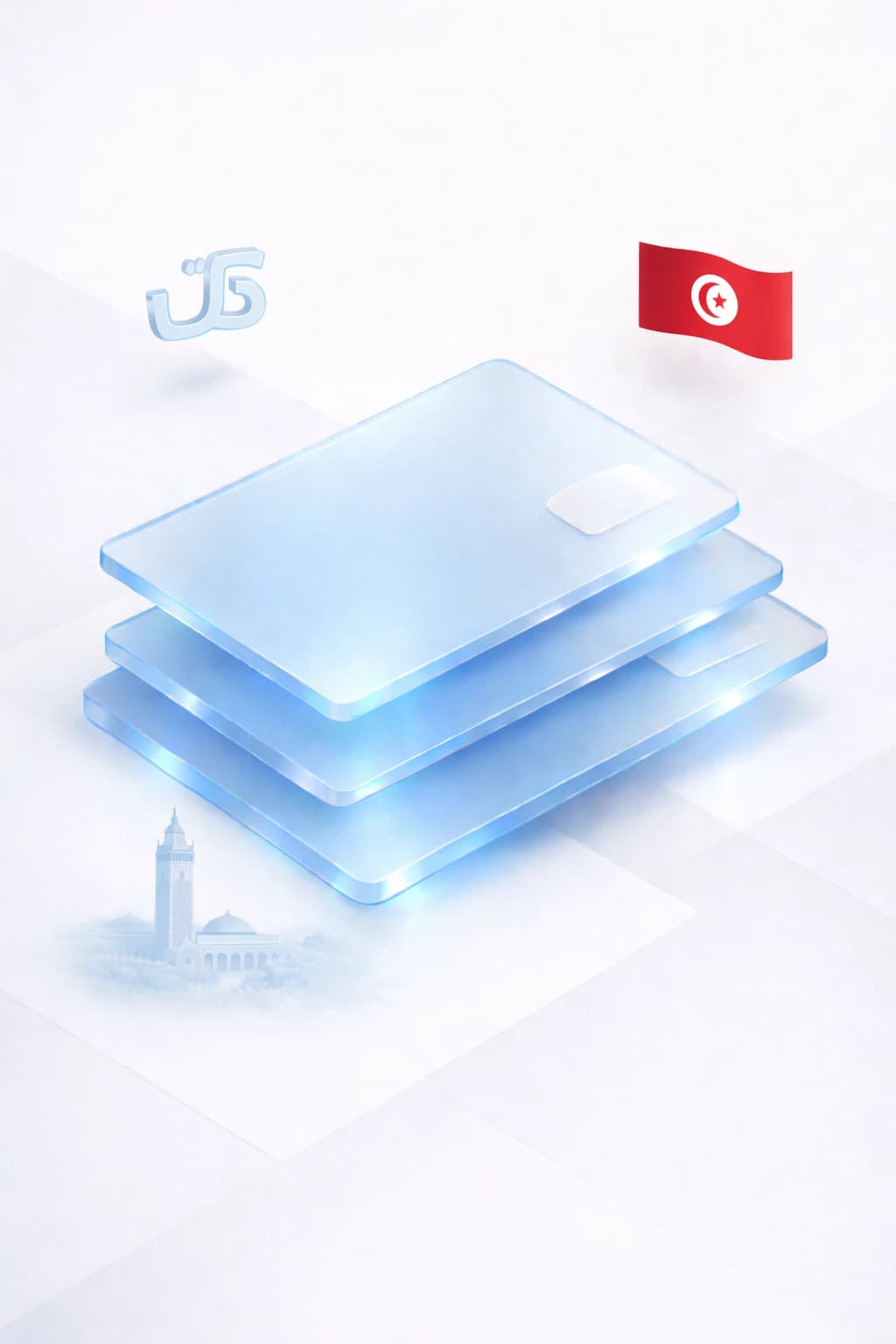 Stacked glass payment cards with a dinar symbol, minaret with arched building, and Tunisian flag