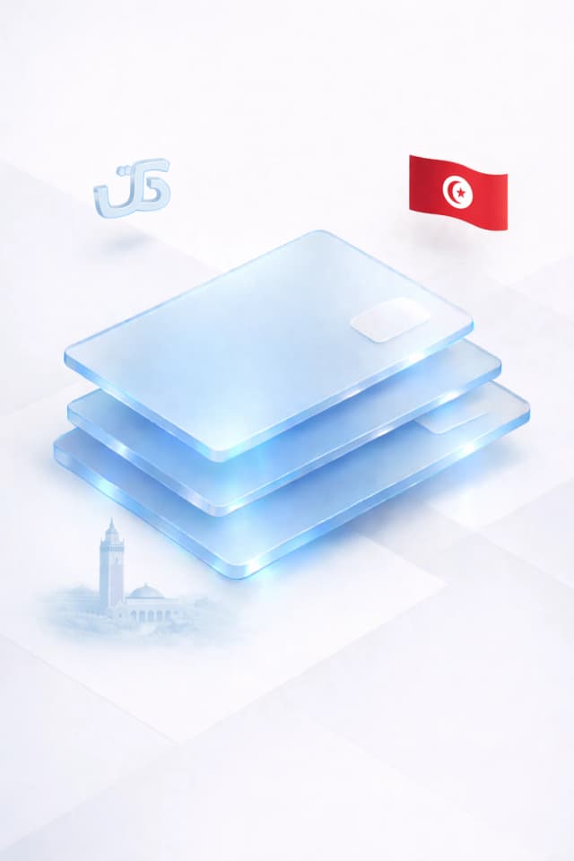 Stacked glass payment cards with a dinar symbol, minaret with arched building, and Tunisian flag