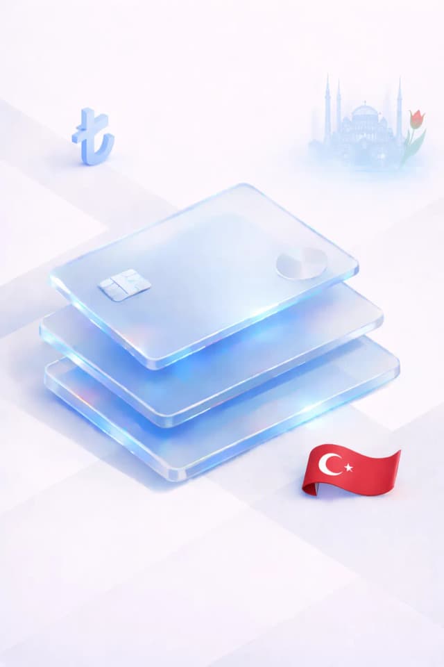 Stacked glass payment cards with a lira symbol, mosque silhouette, and Turkish flag