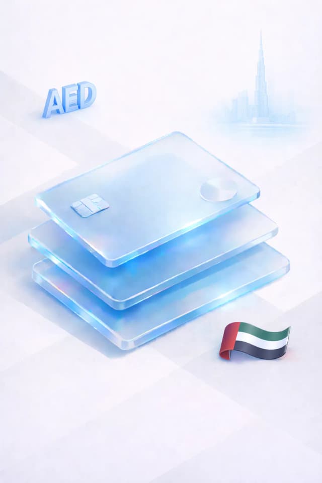 Stacked glass payment cards with an AED symbol, Burj Khalifa silhouette, and UAE flag