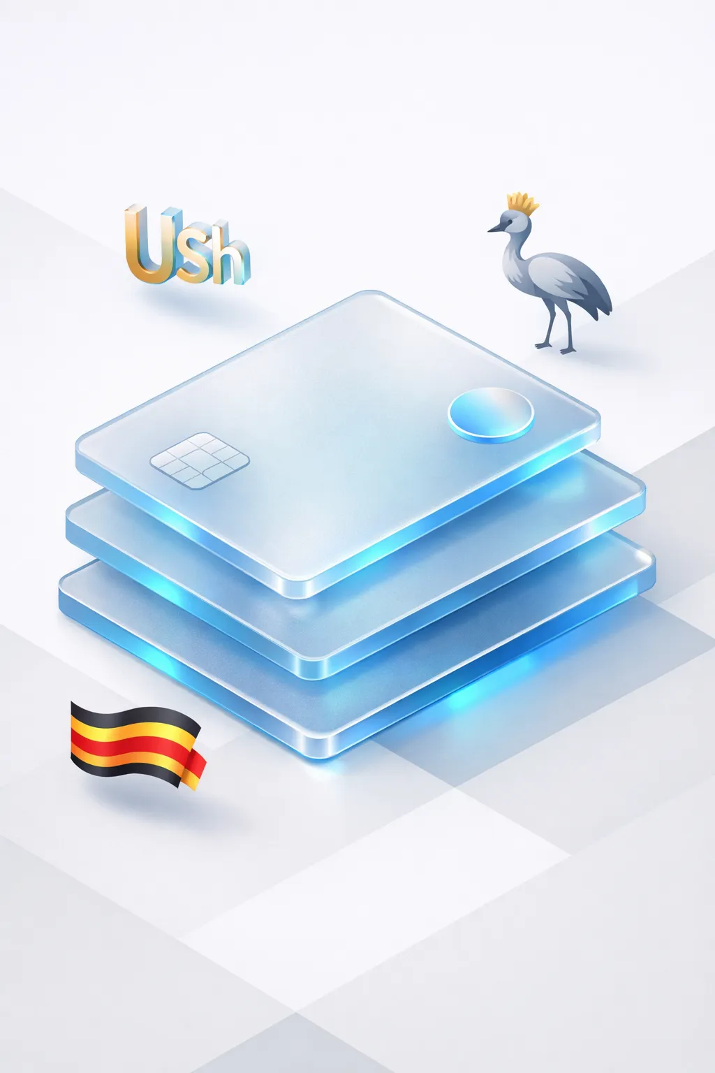 Stacked glass payment cards with a shilling symbol, crowned crane bird, and Ugandan flag
