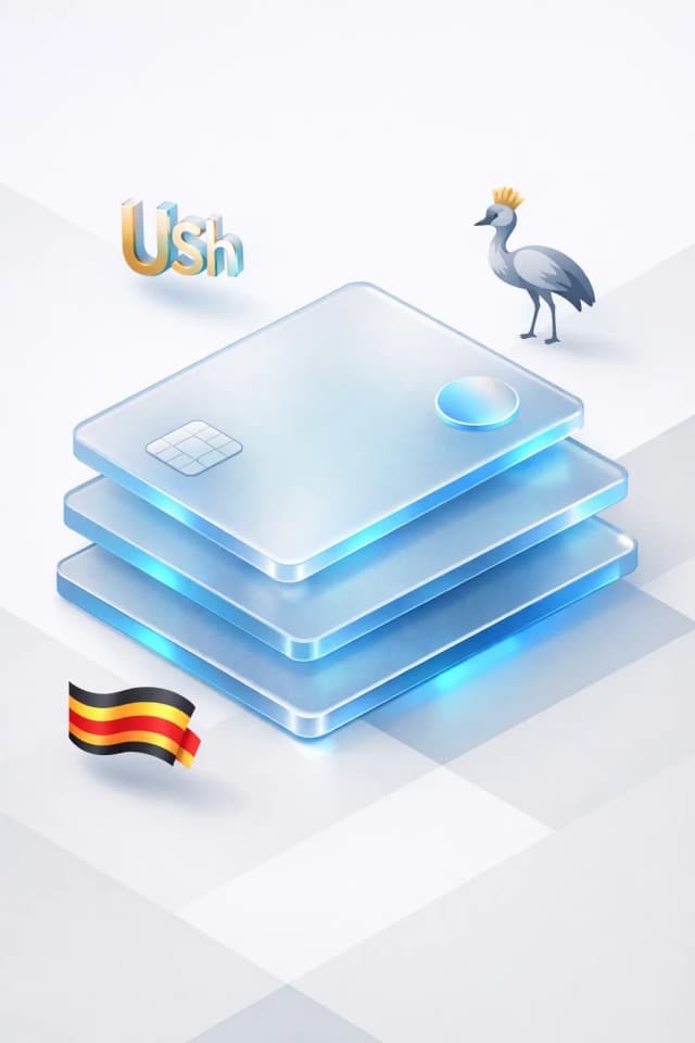 Stacked glass payment cards with a shilling symbol, crowned crane bird, and Ugandan flag