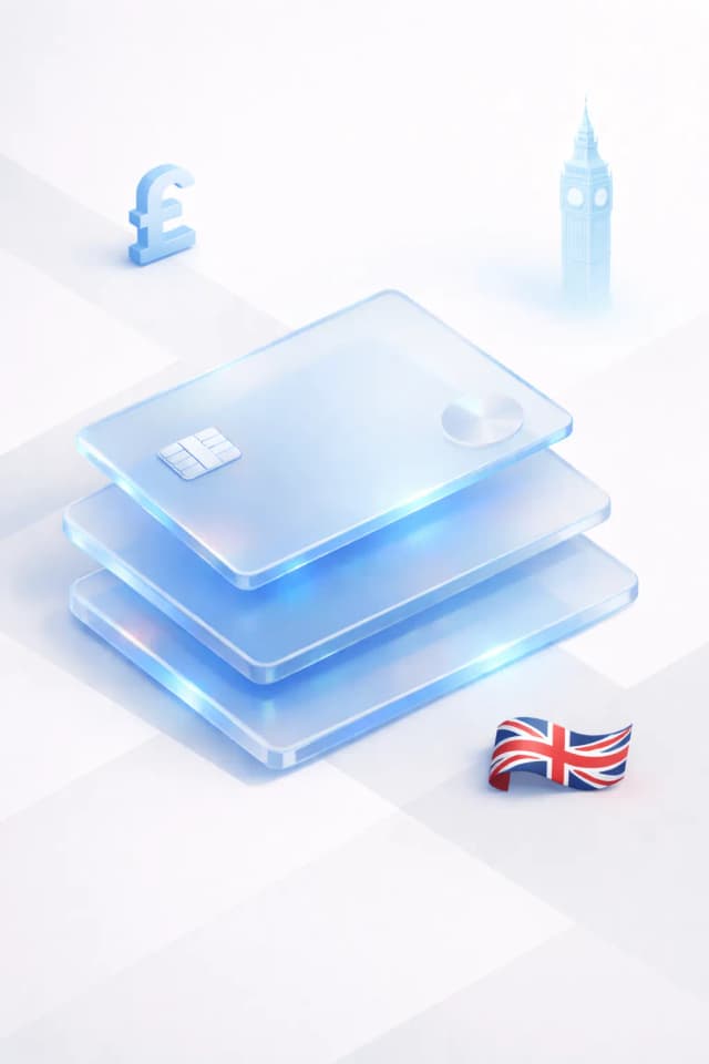 Stacked glass payment cards with a pound sterling symbol, Big Ben silhouette, and Union Jack
