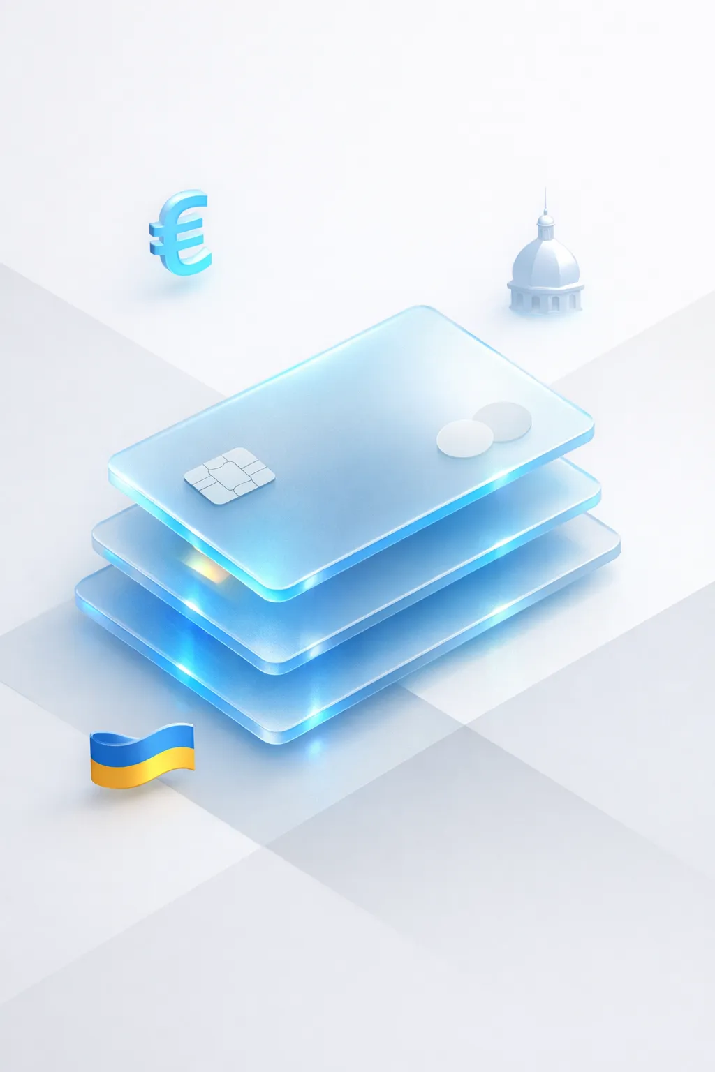 Stacked glass payment cards with a euro symbol, domed cathedral silhouette, and Ukrainian flag