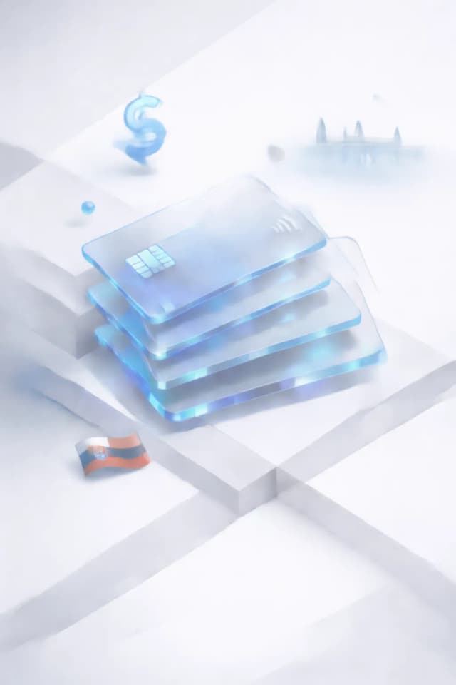 Stacked glass payment cards with a peso symbol, faint building silhouette, and Uruguayan flag