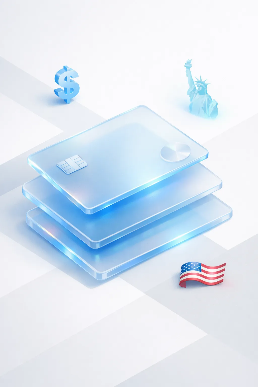 Stacked glass payment cards with a dollar sign, Statue of Liberty silhouette, and American flag