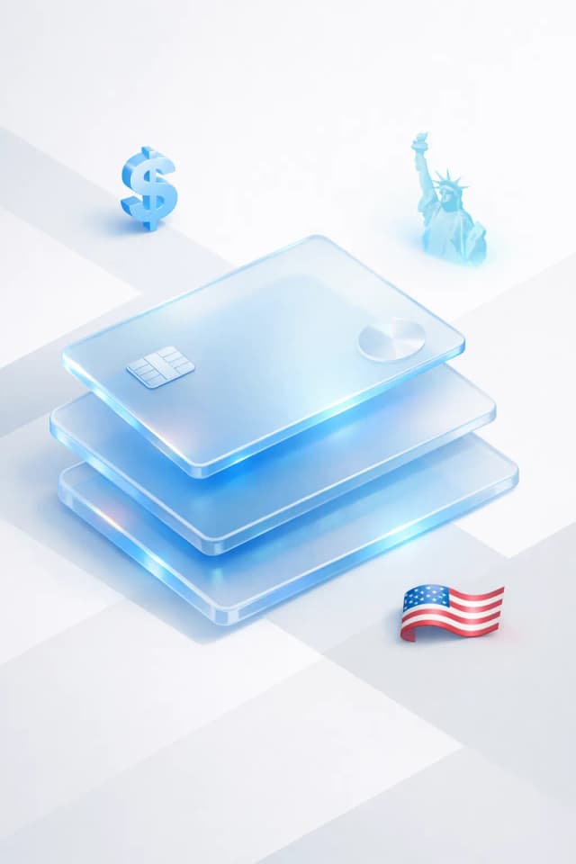 Stacked glass payment cards with a dollar sign, Statue of Liberty silhouette, and American flag