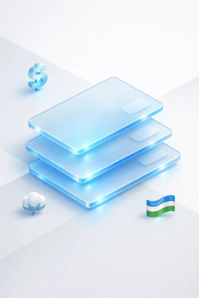 Stacked glass payment cards with a som symbol, cotton boll, and Uzbek flag
