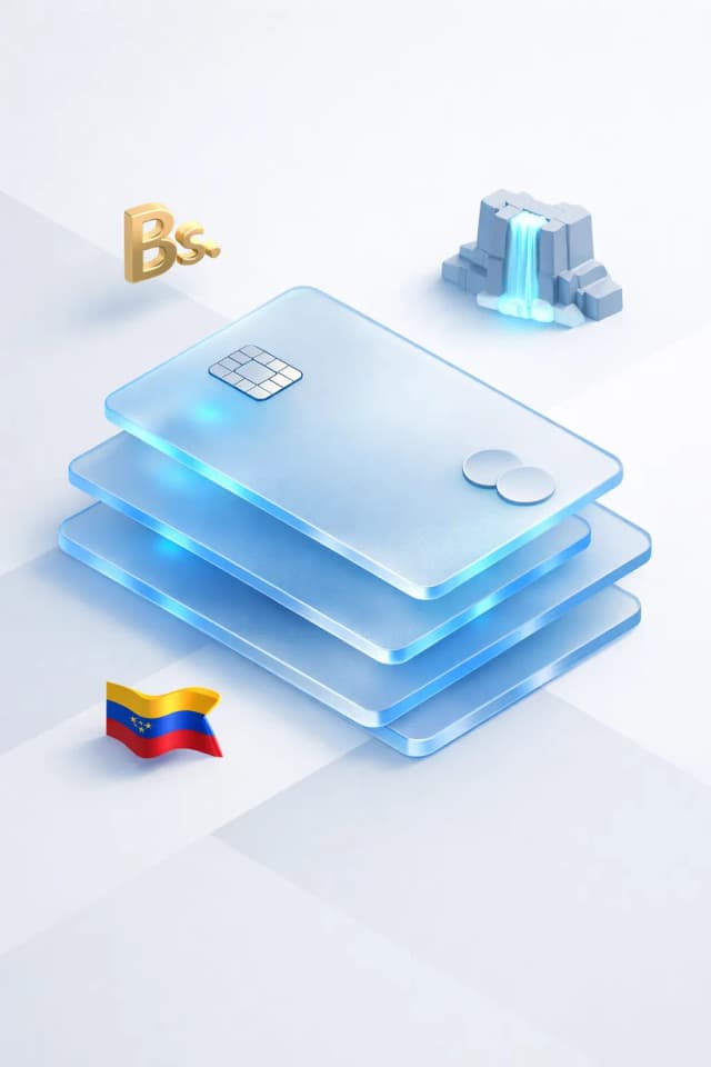 Stacked glass payment cards with a bolivar symbol, waterfall, and Venezuelan flag