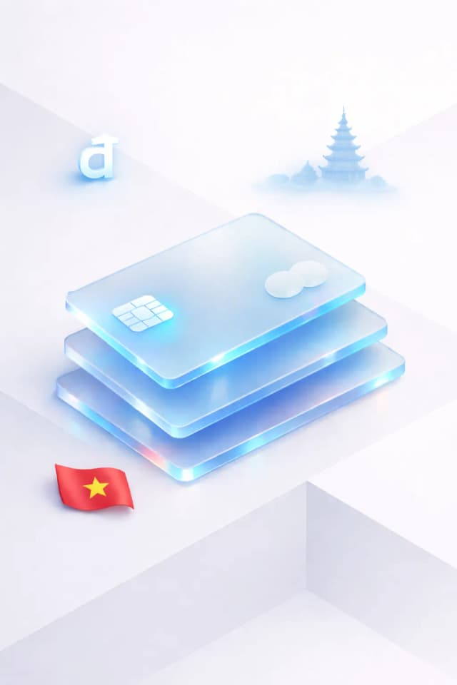 Stacked glass payment cards with a dong symbol, pagoda silhouette, and Vietnamese flag