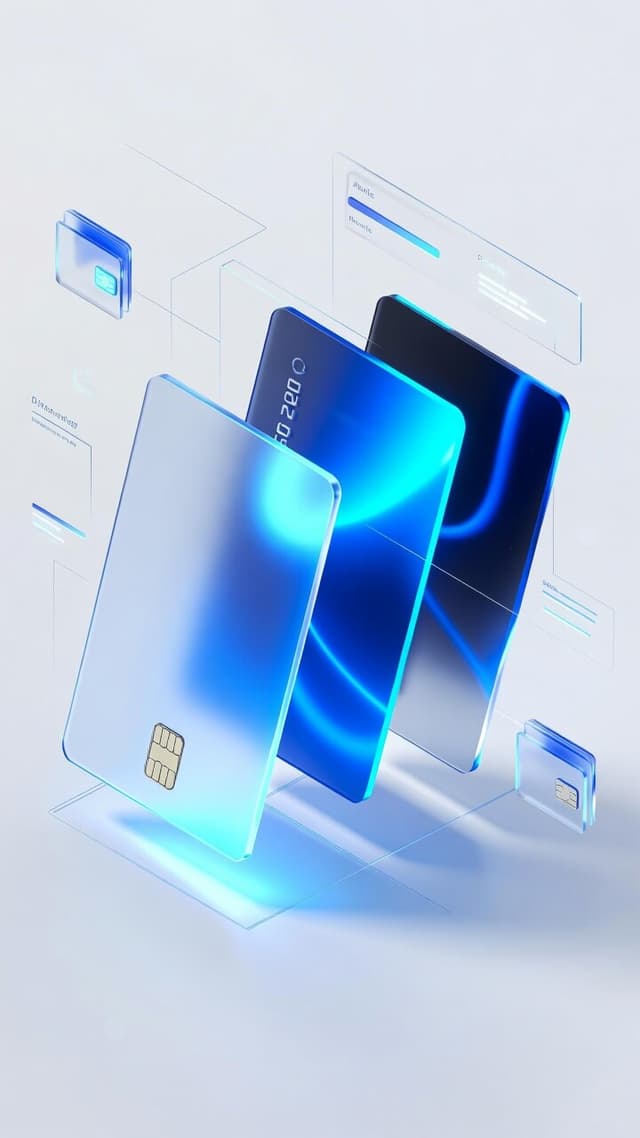 Glass payment cards beside a smartphone surrounded by floating data panels and mini cards