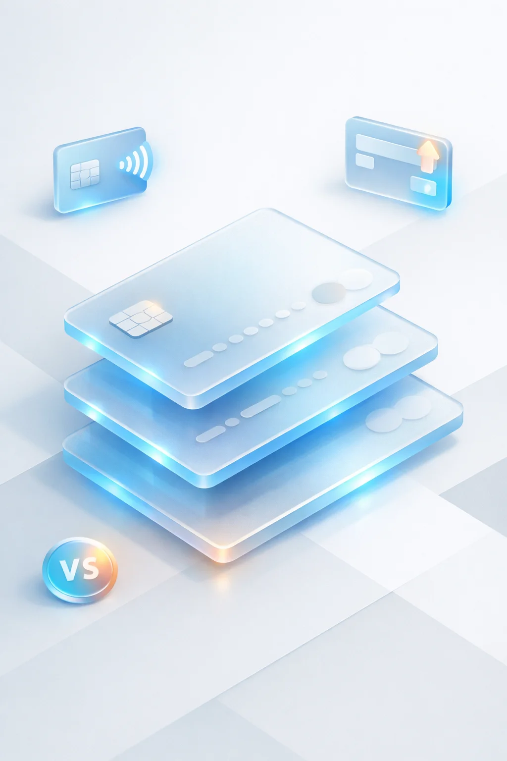 Stacked glass payment cards with a contactless chip card, top-up card, and VS badge