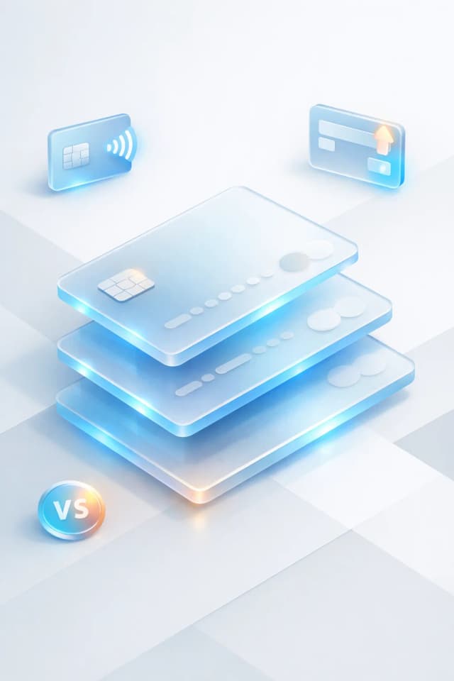 Stacked glass payment cards with a contactless chip card, top-up card, and VS badge