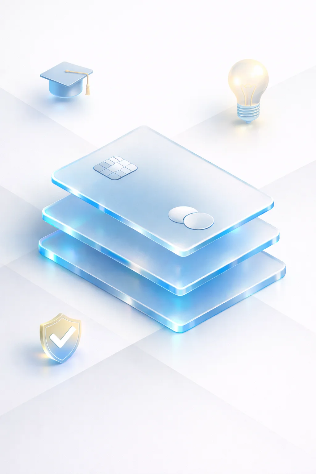 Stacked payment cards with a graduation cap, lightbulb, and checkmark, resembling learning and ease of onboarding
