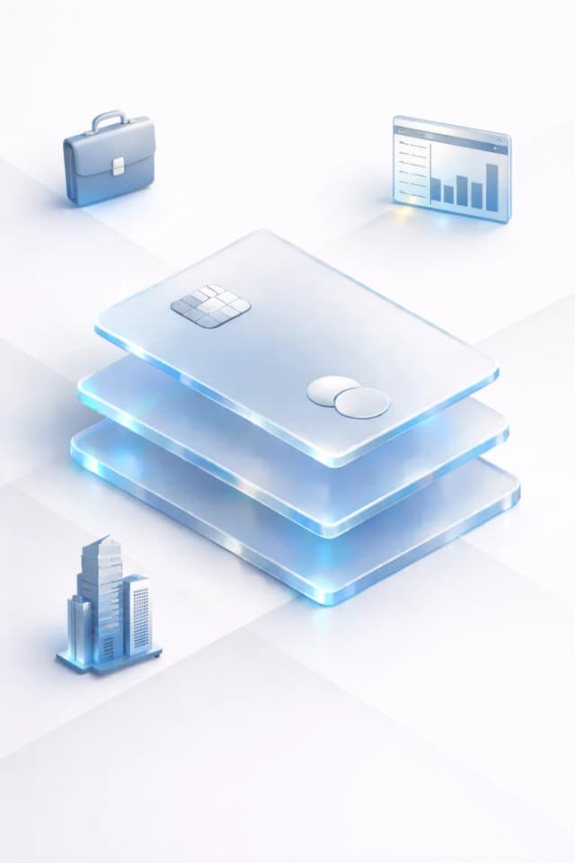 Stacked payment cards with a briefcase, spreadsheet columns, and receipt ledger, resembling business spending and financial controls