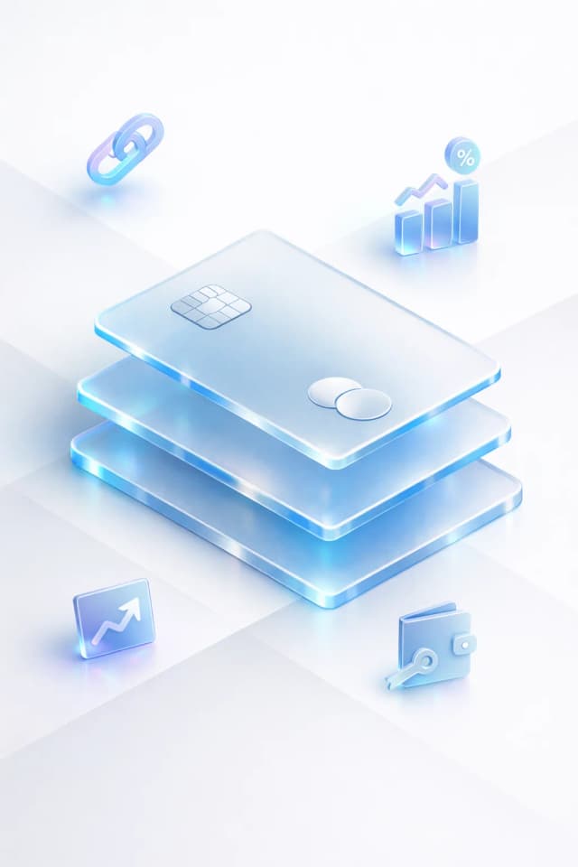 Stacked payment cards with wallet nodes, chain links, and a yield graph, resembling self-custody spending and on-chain DeFi activity