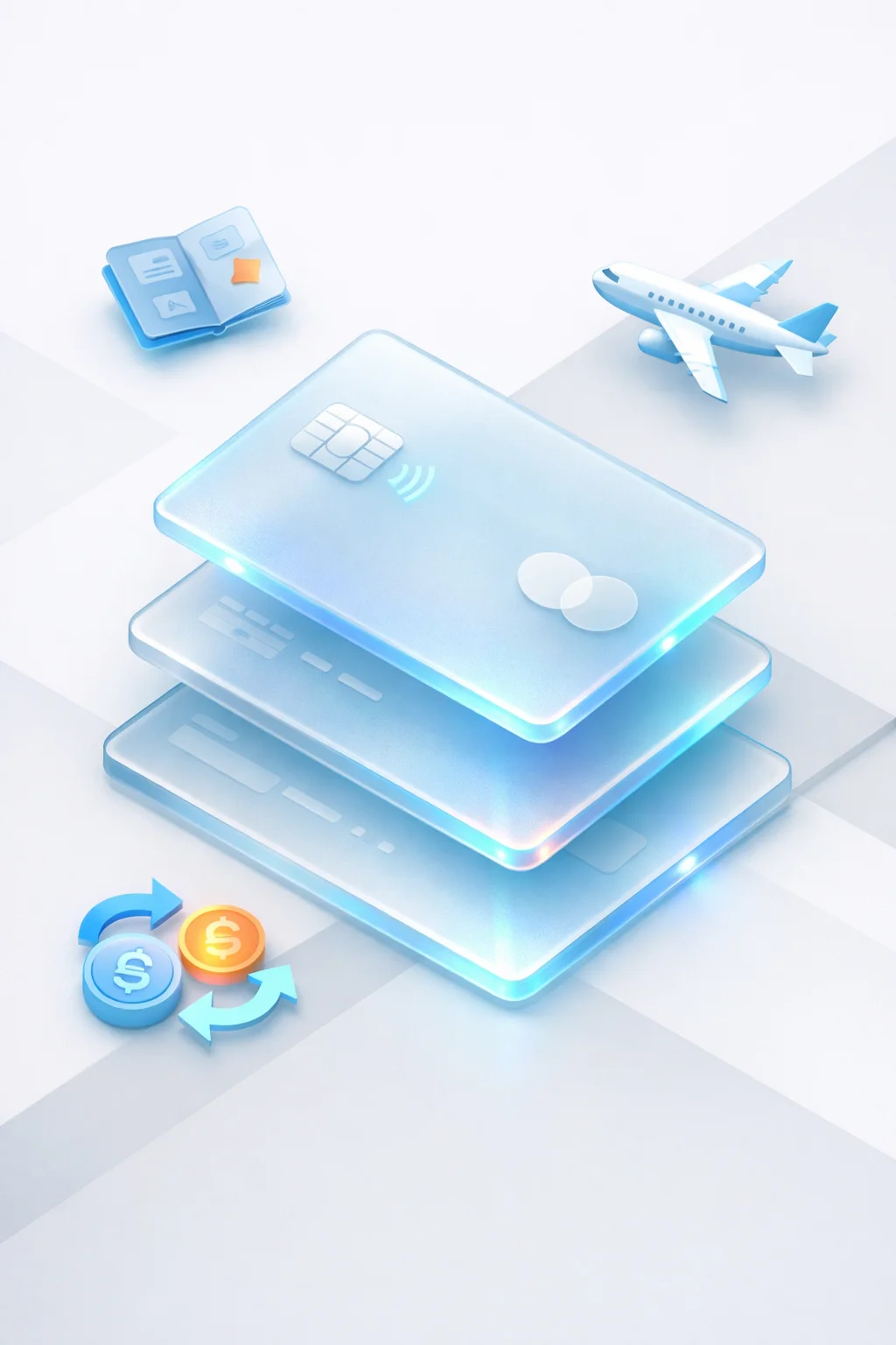 Stacked payment cards with an open passport, airplane, and currency exchange symbols, resembling expat spending and moving money across countries