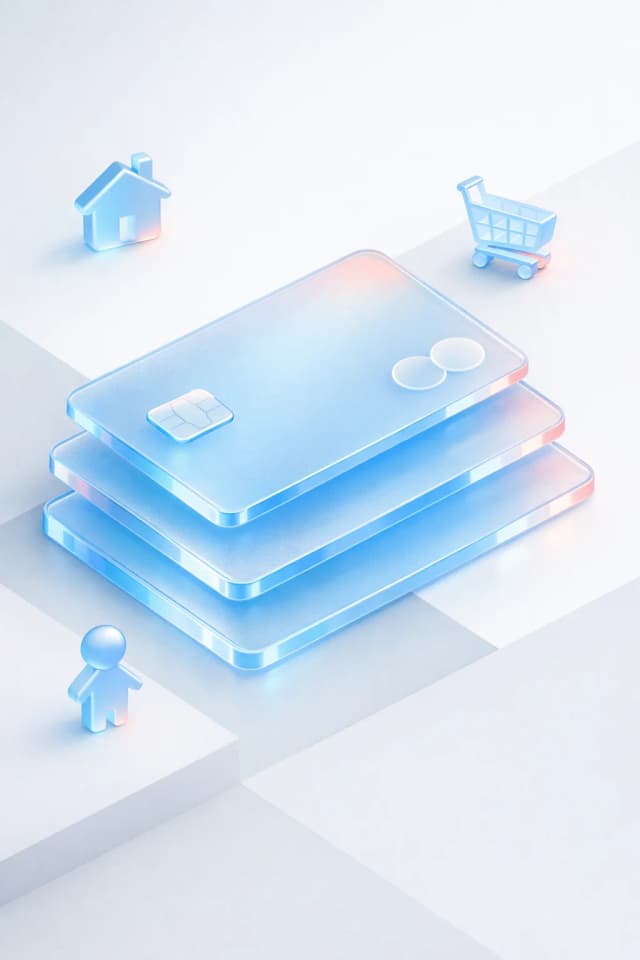 Stacked payment cards with a house, shopping cart, and child figure, resembling household spending and family budgeting