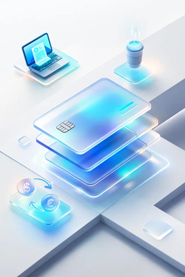 Stacked payment cards with a laptop invoice, coffee cup, and currency exchange coins, resembling freelance income and business spending