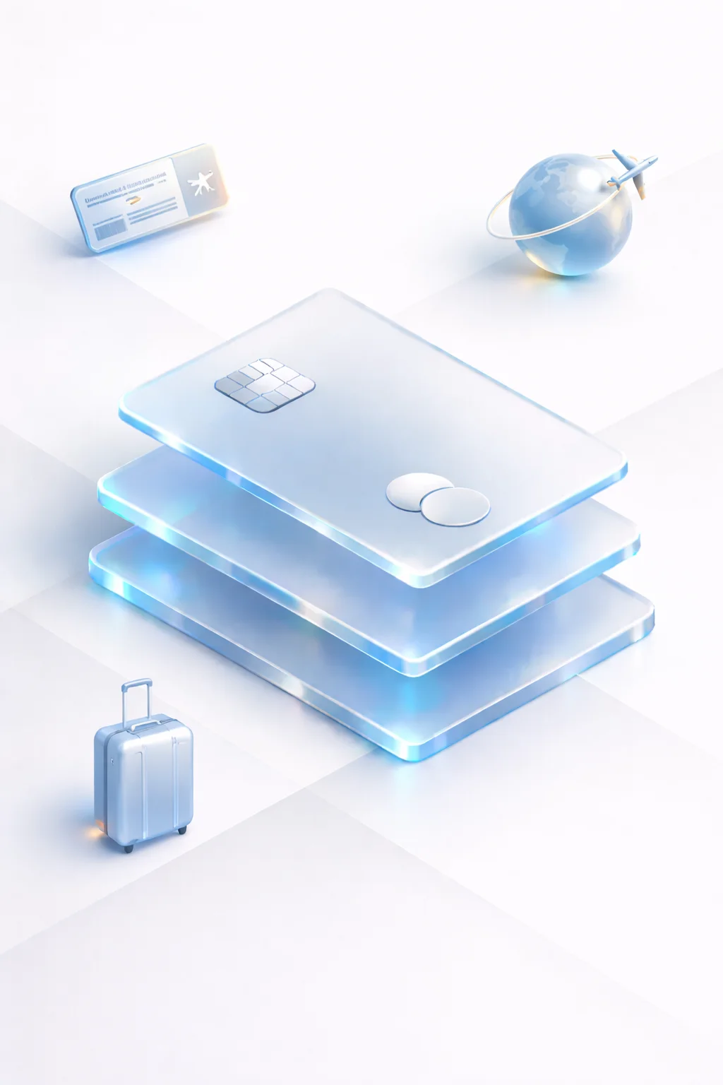 Stacked payment cards with a boarding pass, globe flight path, and travel suitcase, resembling lounge access and frequent international travel
