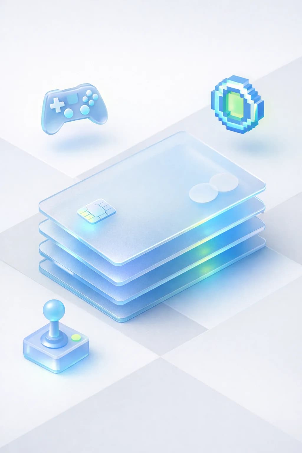 Stacked glass payment cards with a game controller, pixel gem token, and arcade joystick