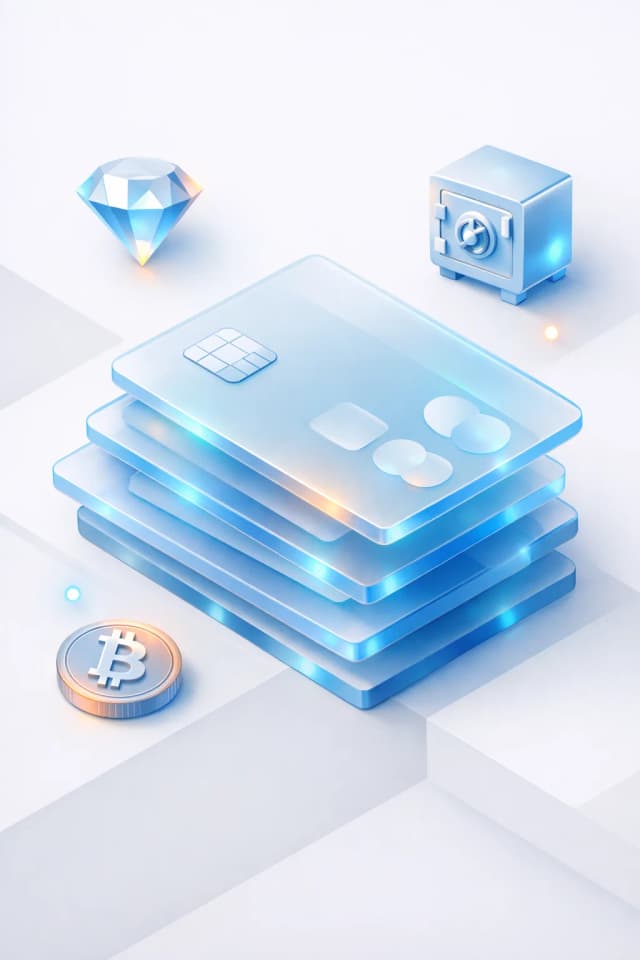 Stacked payment cards with a vault safe, Bitcoin coin, and stablecoin transfer arrows, resembling spending without selling a long-term crypto stack