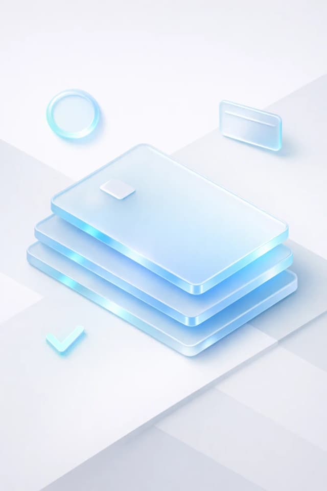Stacked glass payment cards with a minimal circle, small card, and checkmark