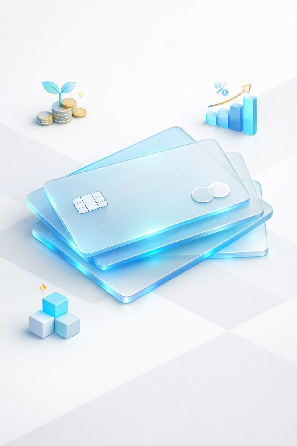 Stacked payment cards with a coin stack, upward yield chart, and layered blocks, resembling compounding returns and passive income