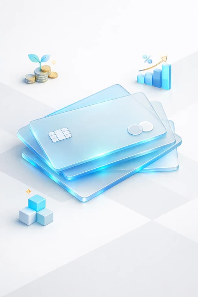 Stacked payment cards with a coin stack, upward yield chart, and layered blocks, resembling compounding returns and passive income