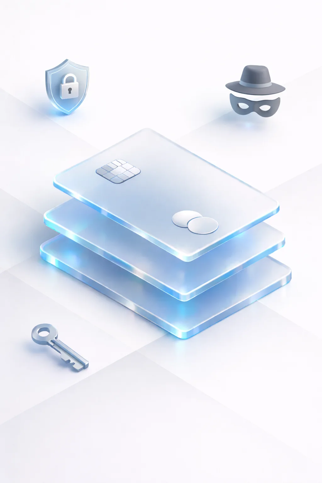 Stacked payment cards with a shield lock, masked profile, and separate wallet nodes, resembling self-custody and reduced data exposure