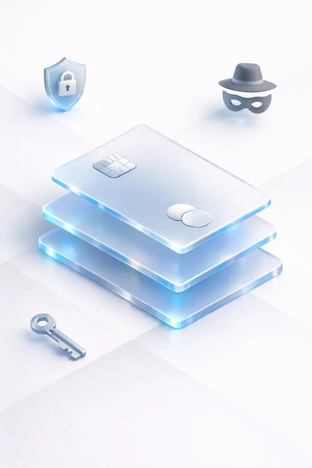 Stacked payment cards with a shield lock, masked profile, and separate wallet nodes, resembling self-custody and reduced data exposure
