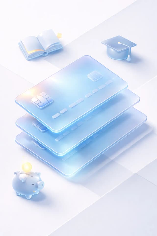 Stacked payment cards with an open book, graduation cap, and piggy bank, resembling learning, budgeting, and easy student onboarding