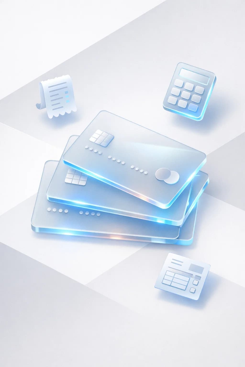 Stacked payment cards with a receipt, calculator, and tax form, resembling stablecoin spending and cleaner crypto tax reporting